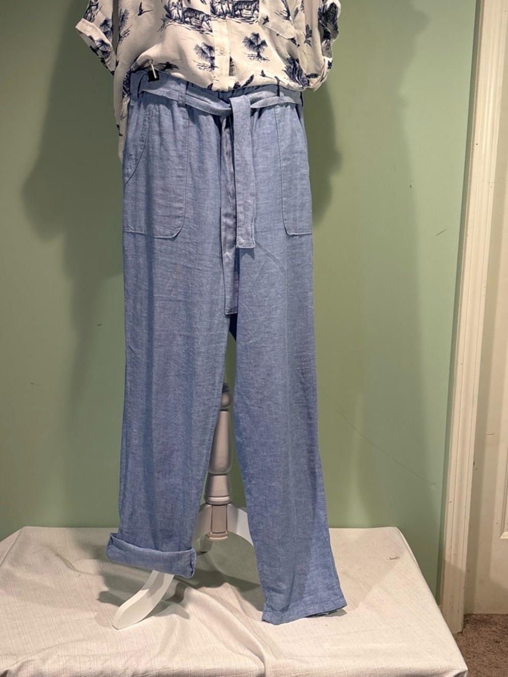 Light Blue Linen-Blend Tie-Waist Wide Leg Pants w/pockets size M